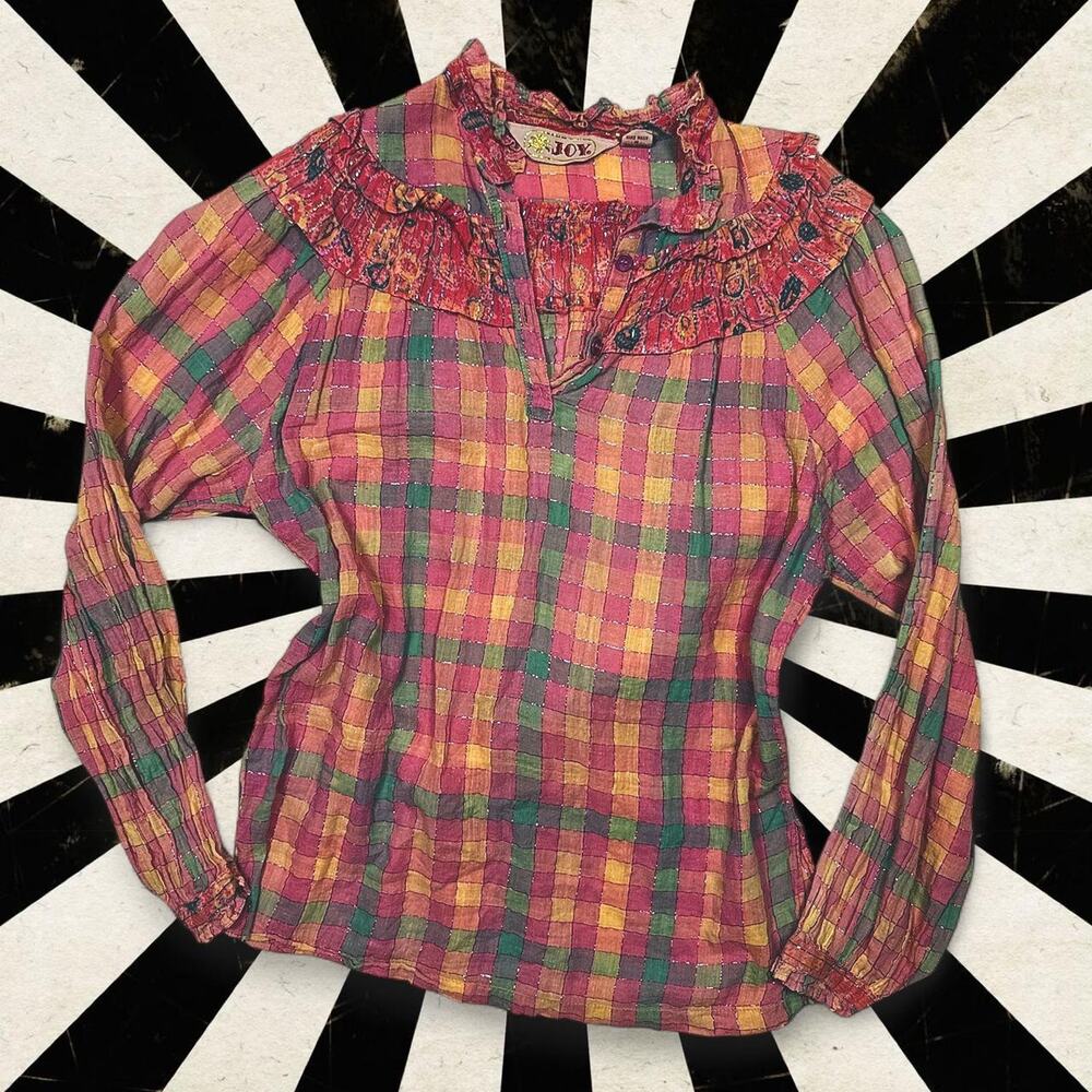 Vintage boho plaid ruffle blouse